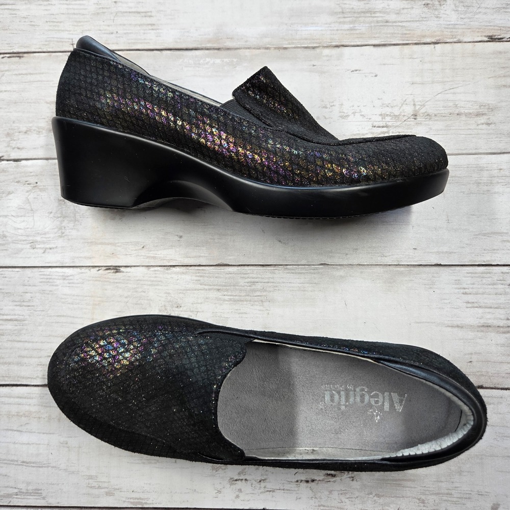 Alegria Emma Wedge Loafers Women 41 Black Iridescent Scales Leather EMM-751